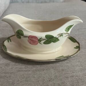 Franciscan Cream Gravy Boat with Pink and Green Floral with attached plate